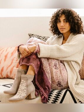 Toms Gray Suede Embroidered Ankle Boots